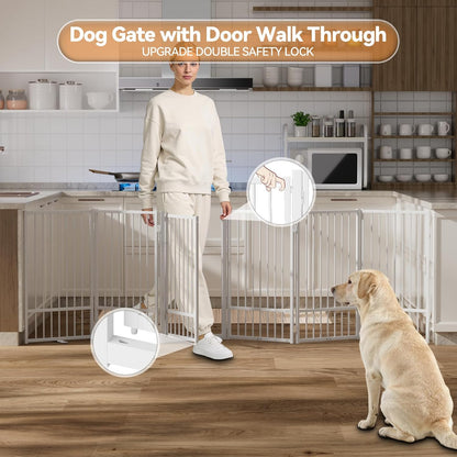 SNUOWU Full Metal Freestanding Dog Gate with Door, 32''Height Foldable Pet Dog Fence for Indoor & Outdoor, 4 Panels Extra Wide Free Standing TallDog Gates for Doorways,House,Stairs,Porch,Deck,Yard