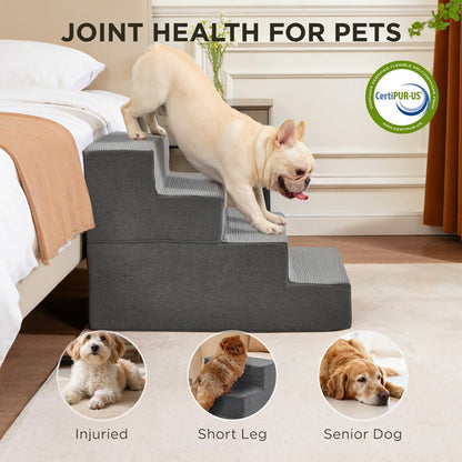 Joydeco Dog Stairs for Bed 15" H, 3-Step Pet Steps for Small Dogs and Cats, Dog Steps for High Bed, Non-Slip Balanced Ramp Indoor Pet Stairs, Beige