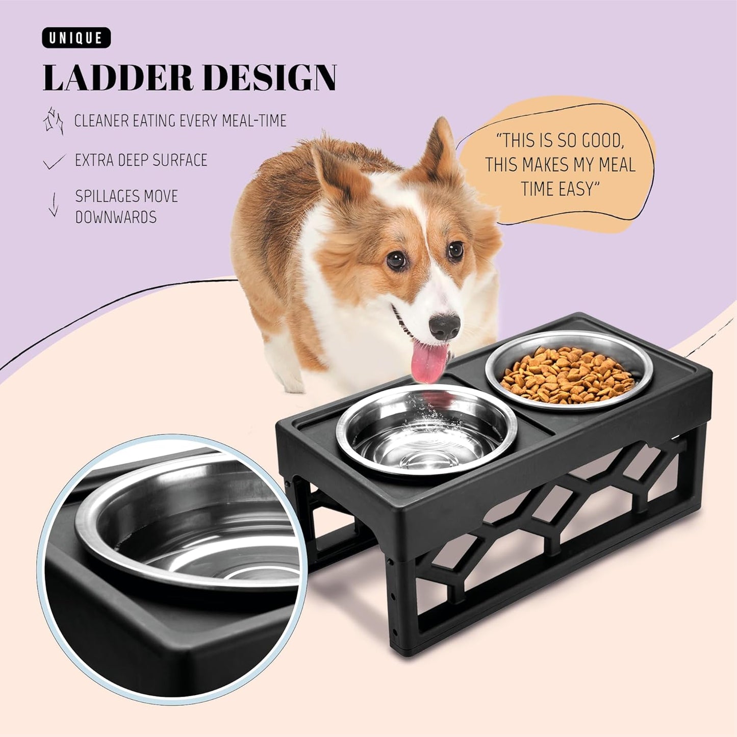 AVERYDAY Elevated Dog Bowls, 4 Height Adjustable Stand for Medium and Large Dogs, Raised Dog Feeder Holder with 2 Stainless Steel Food and Water Bowls, Anti-Slip Base Tall Feeding Station