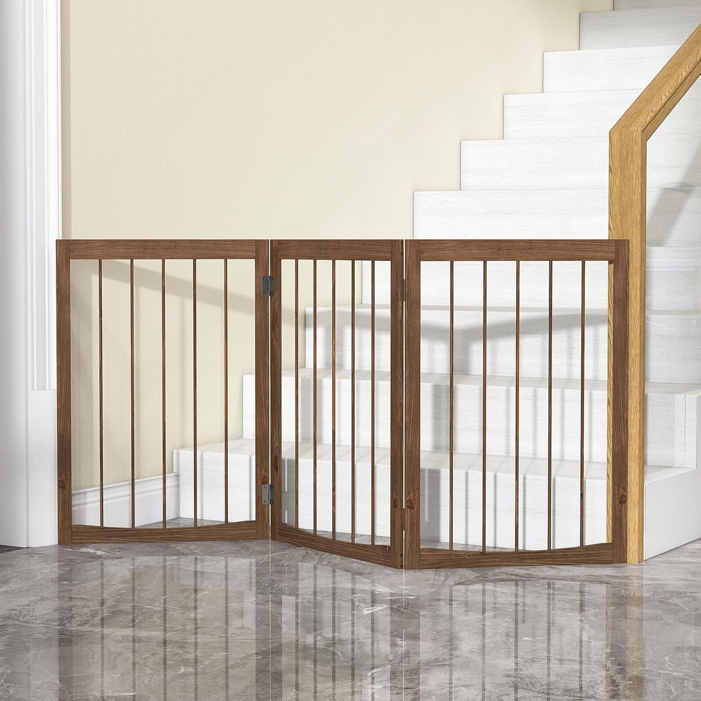 PETSITE 3-Panel Foldable Dog Gate Indoor, 30 Inch Height Wooden Freestanding Pet Fence for Stairs, Hallways, and Doorways, Ideal for Small Sized Pets (Grey)