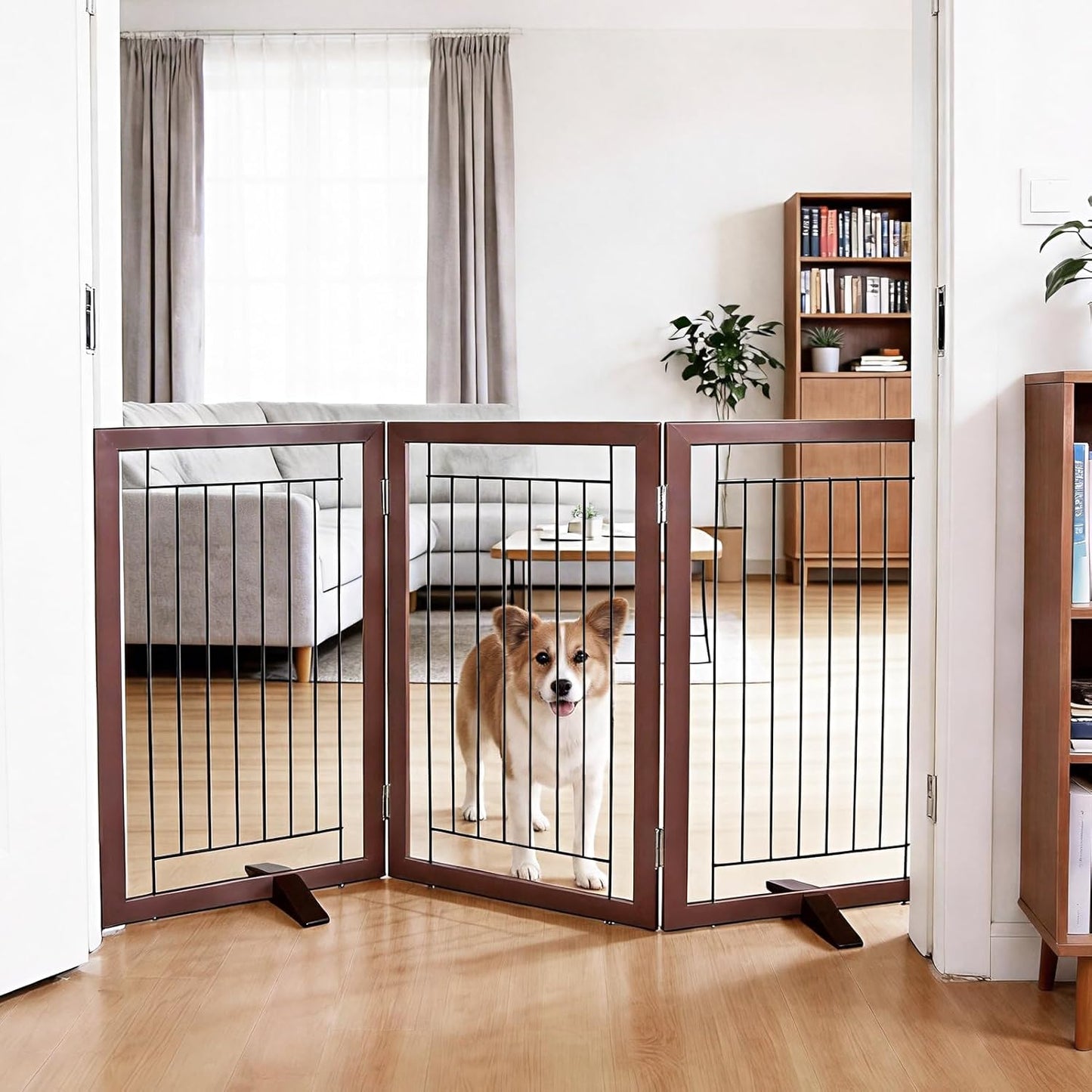 ZJSF Freestanding Dog Gate Indoor, Foldable Dog Fence for Doorways,Hallways or Stairs, Sturdy Wood Extra Wide Pet Gate with Support Feet,Black,24 "Height-3 Panels