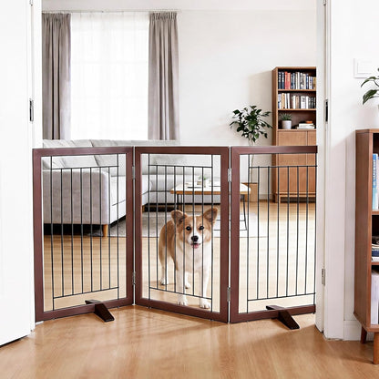 ZJSF Freestanding Dog Gate Indoor, Foldable Dog Fence for Doorways,Hallways or Stairs, Sturdy Wood Extra Wide Pet Gate with Support Feet,Black,24 "Height-3 Panels