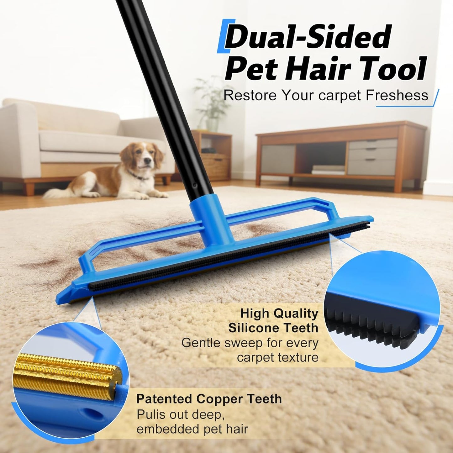 Carpet Rake for Pet Hair Removal Tool,2 in 1 Carpet Scraper Fur Sweep Dog Cat Hair Remover with 60" Long Handle for Carpets, Rugs, Couch,Sofa, Furniture,Blue