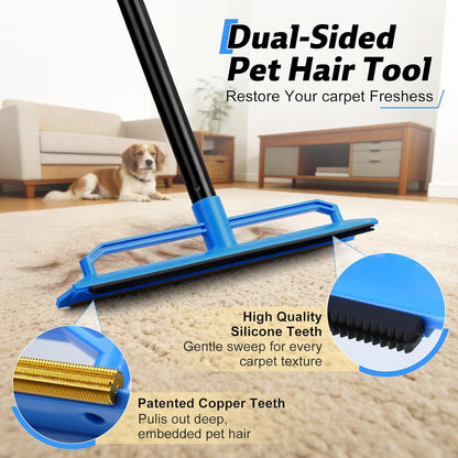 Carpet Rake for Pet Hair Removal Tool,2 in 1 Carpet Scraper Fur Sweep Dog Cat Hair Remover with 60" Long Handle for Carpets, Rugs, Couch,Sofa, Furniture,Blue