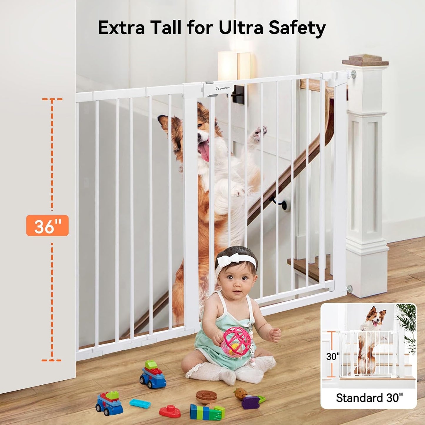 COMOMY 36" Extra Tall Baby Gate for Stairs and Doorways - Fits 29.5" to 48.8" Wide Openings, Auto Close Extra Wide Dog Gate for House, Pressure Mounted Easy Walk Through Pet With Door, Black