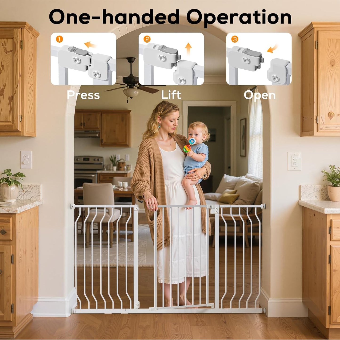 29-43" Baby Gate for Stairs, Baby Safety Essentials, Auto Close Gate for Doorways, Easy Install Pressure Mounted Dog Gate Indoor, Pet Gates for Dogs, White