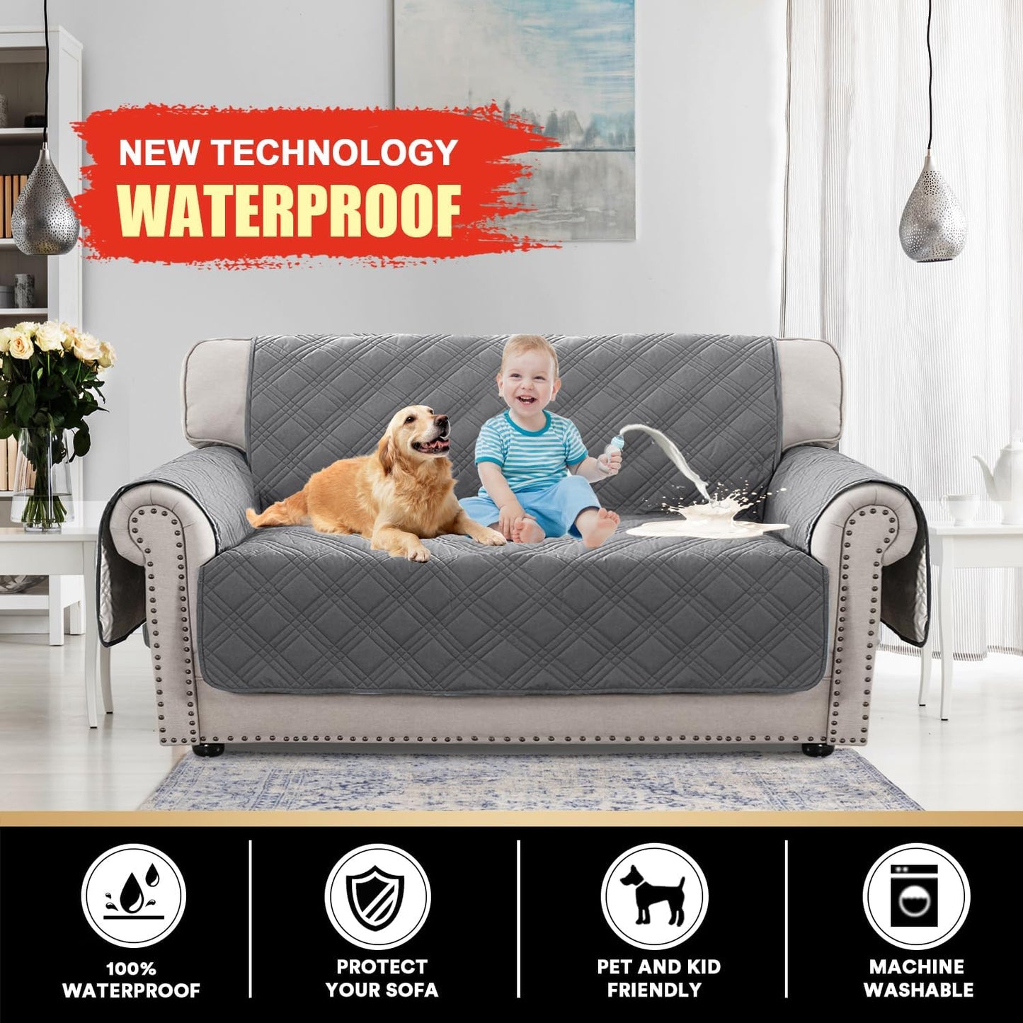 PrinceDeco 100% Waterproof Couch Cover for 3 Cushion Couch Sofa Pet Friendly Non-Slip Couch Cover for Dogs Washable Water Resistant Furniture Protector with Elastic Straps(Sofa 68", French Oak)