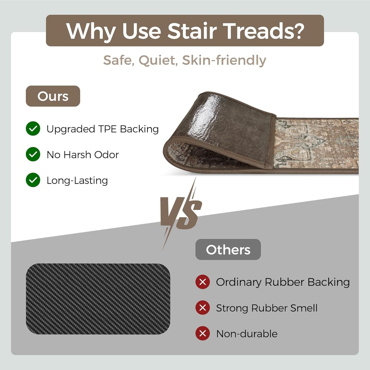 sarben Non Slip Stair Treads for Wooden Steps 15PCS - 8"x30" Indoor Safety Carpet, Edging Mats with TPE Adhesive Backing, Pet and Elderly Friendly Stair Rugs (Taupe) - Colors B