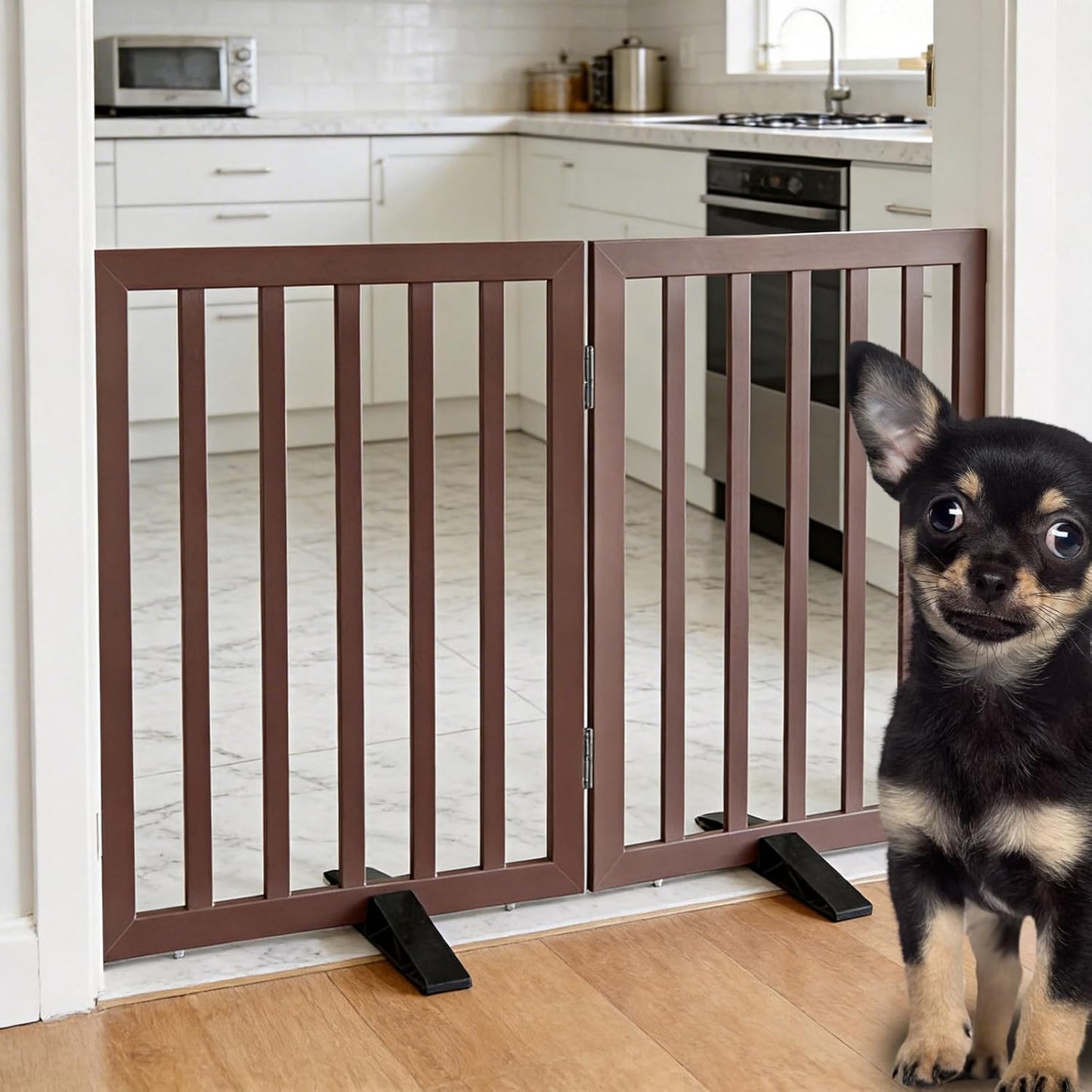 ZJSF Freestanding Indoor Dog Gate for House Foldable Wood Puppy Gate for Doorways Pet Gate for Stairs Extra Wide Pet Fence, Brown, 24" Height 3 Panels