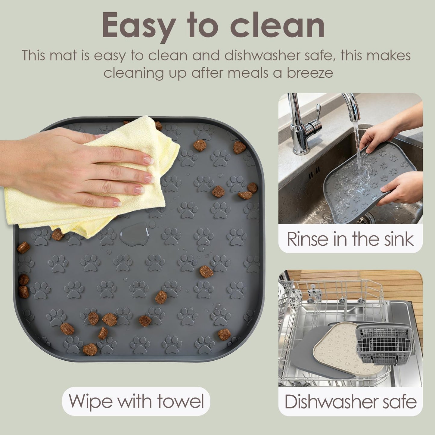 Pet Feeding Mat, Waterproof Anti-Slip Placemats for Dog Cat Bowl Silicone Pet Food Mat, Raised Edge Prevent Spills on Floor & Carpet, Dishwasher Safe (Beige, 11" x 11")