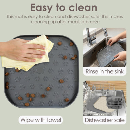 Pet Feeding Mat, Waterproof Anti-Slip Placemats for Dog Cat Bowl Silicone Pet Food Mat, Raised Edge Prevent Spills on Floor & Carpet, Dishwasher Safe (Beige, 11" x 11")