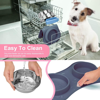 Anipaw Slow Feeder Dog Bowls 3 in 1 Stainless Steel Food and Water Bowls with Non-Spill and Skid Silicone Mat to Slow Down Eating for Large Medium Small Breed Size Dogs and Cats