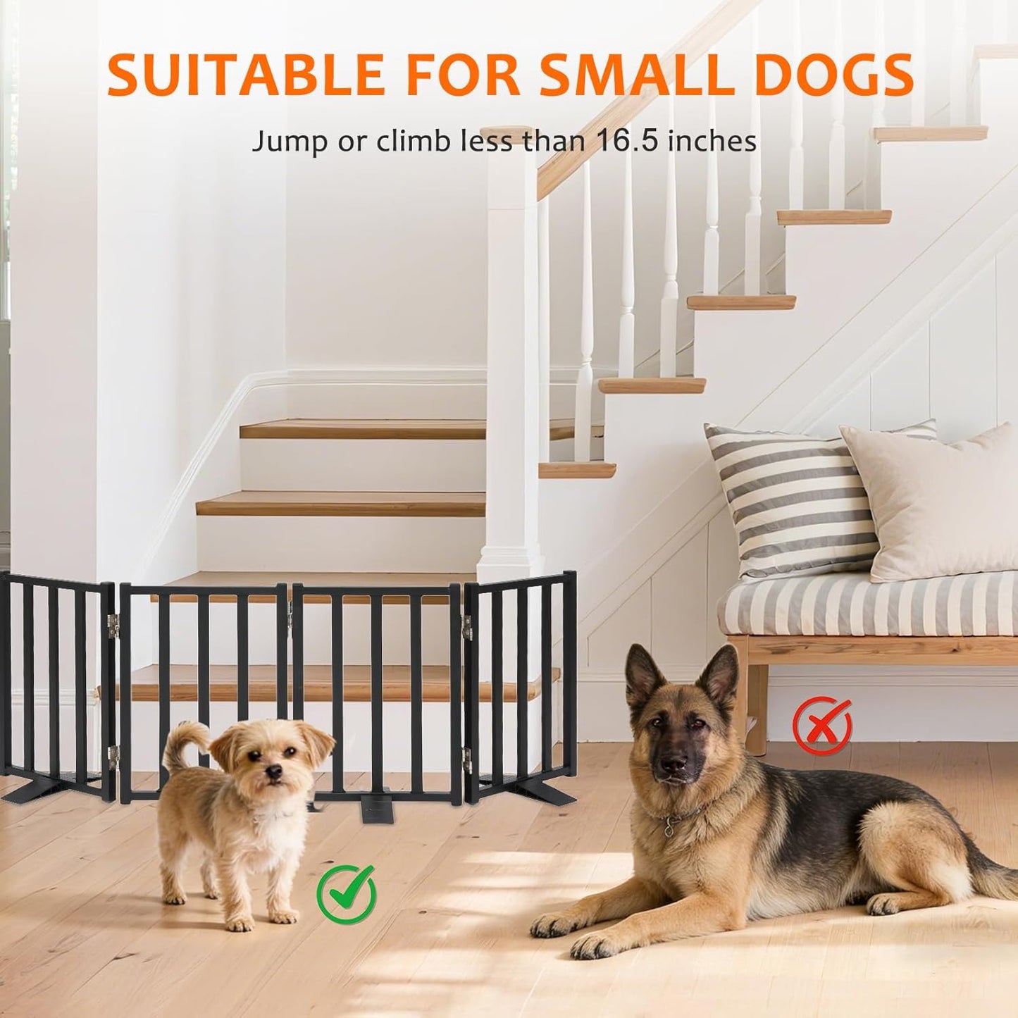 Snagle Paw Short Dog Gate,16.5" Tall Freestanding Metal Dog Gate Only for Small Dogs with Support Feet Easily Step Over,Up to 48" Wide Puppy Gate Indoor for Stairs,Doorways(Black,4 Panel)