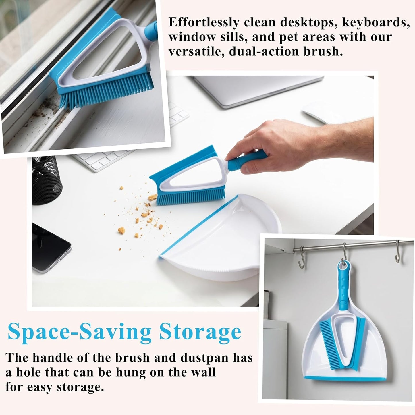 Pet Hair Removal Brush with Mini Dustpan – Pet Rubber Brush for Dogs & Cats, Double-Sided Squeegee Tool for Carpet, Clothes, Sofa, Bed Sheets - Easy Storage
