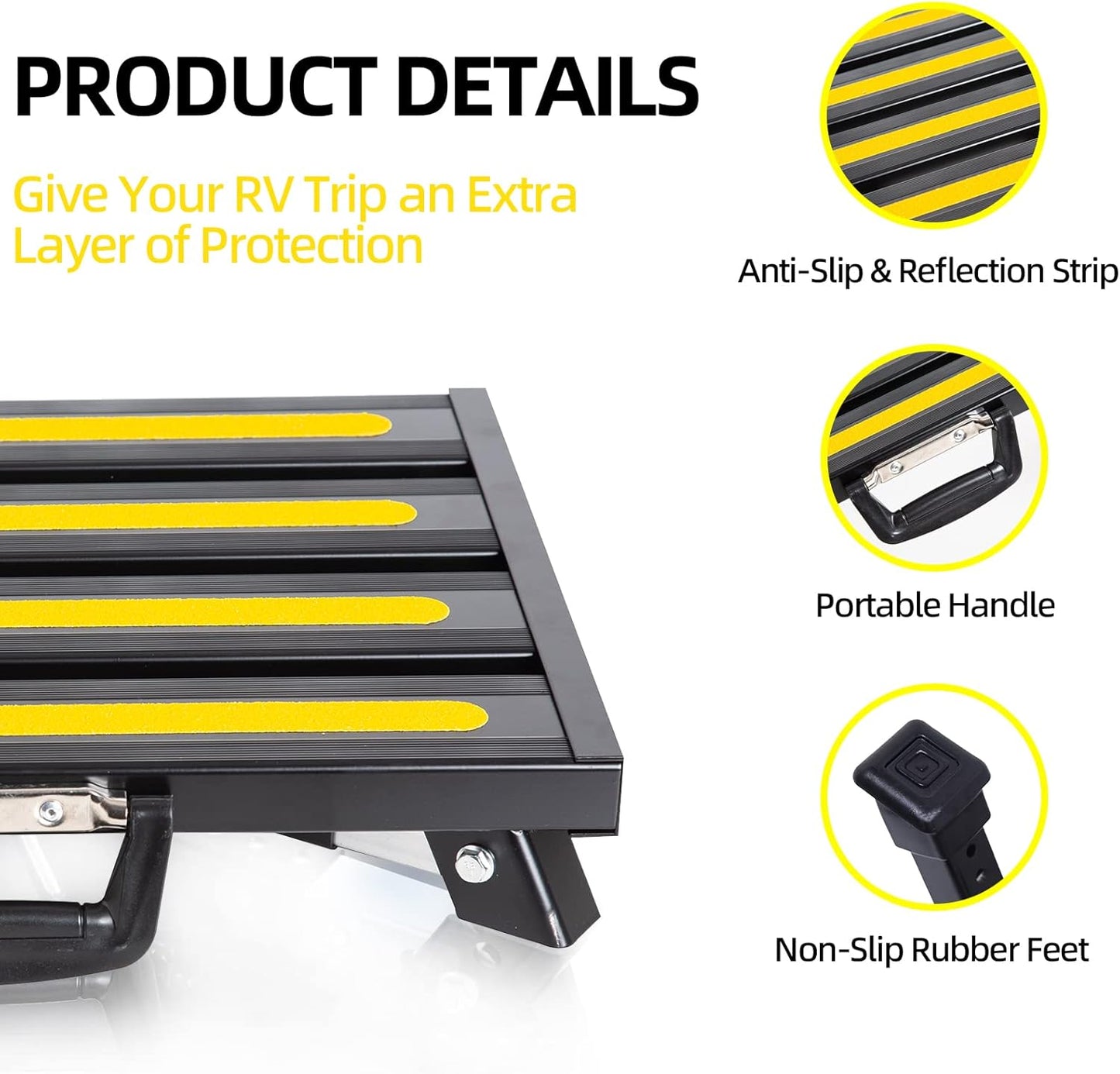 Aluminum RV Steps, 4-Level Adjustable Folding Step Stool with Non-Slip Rubber Feet, Non-Slip Fluorescent Strip Platform Rv Accessories, Supports Up to 1000 lbs - Black