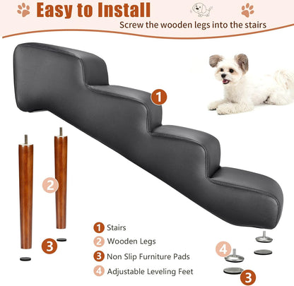 Senneny Imitation Linen Faux Leather Dog Stairs, for Pets up to 150 lbs, Waterproof, Scratch Resistant Pet Steps/Stairs with High Density Foam and Detachable Wooden Legs, Light Beige Linen, 4 Step