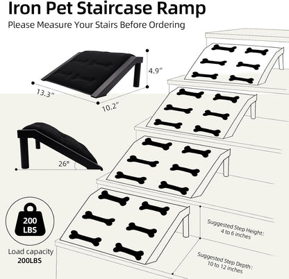 Dog Ramp for Stairs – Non-Slip Pet Ramp for Small, Short-Legged & Senior Dogs – Sponge Padding Surface + 200-lb Heavy-Duty Metal Frame – Small Dogs Climb Safely – Indoor/Outdoor Steps (Bone-（2-Pack)