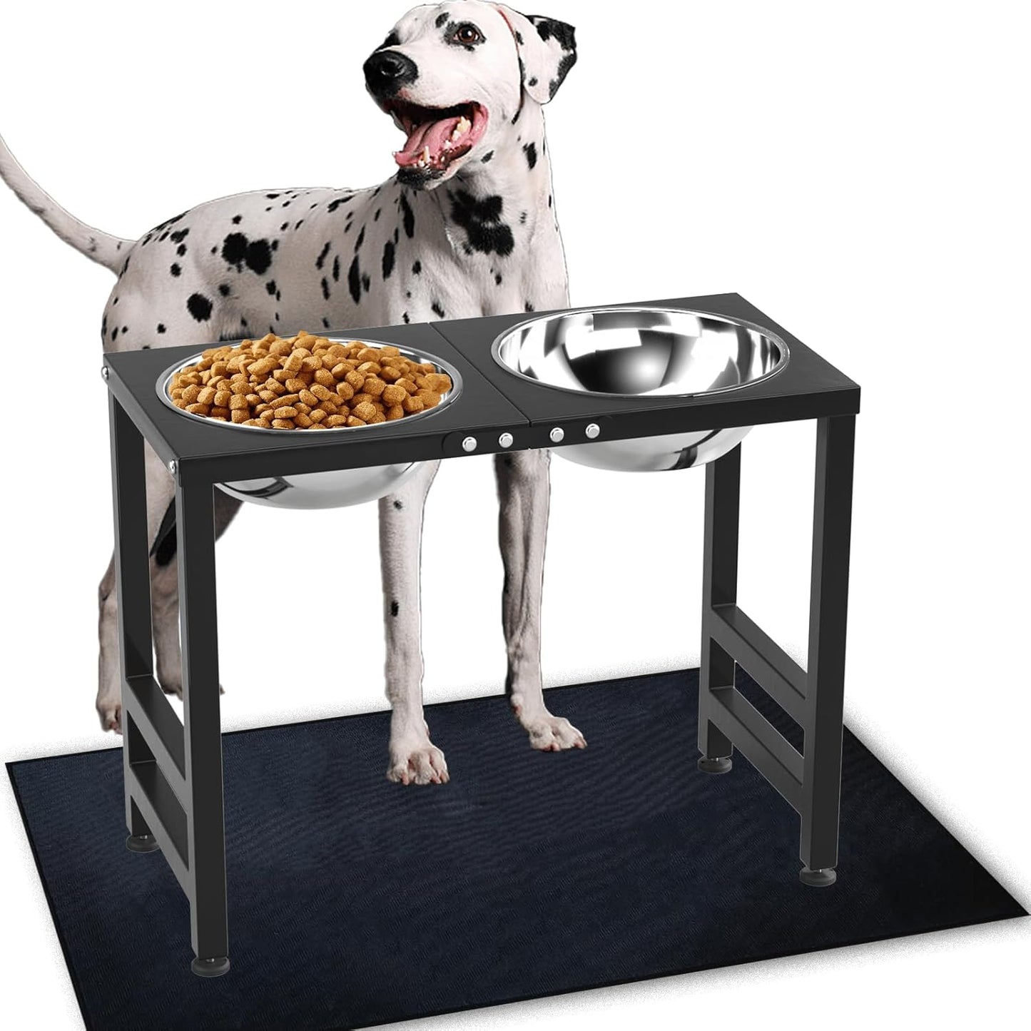 ADENGL Metal Raised Dog Bowl, 10" Tall Elevate Dog Feeder Stand with 2 Stainless Steel 42oz Bowls & 16x24 Non-Slip Mat – Stronger Dogs Food & Water Bowl Stand (Black)