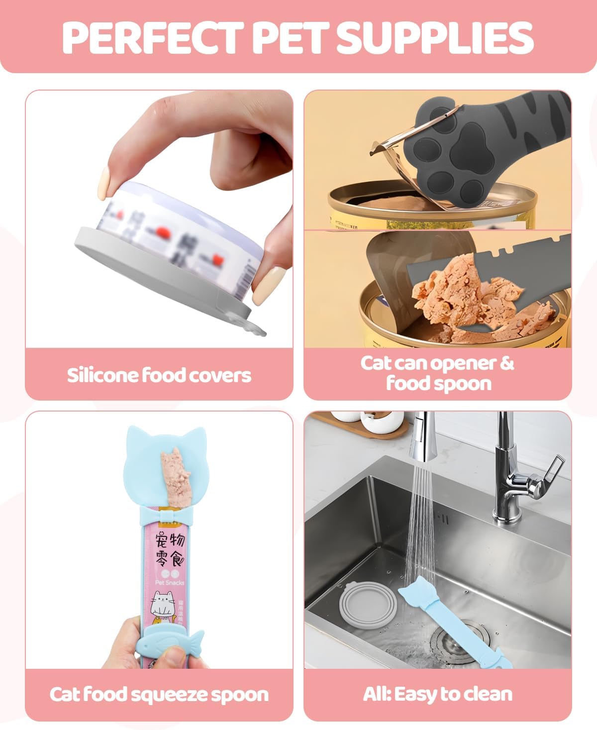 5 PCS Cat Food Can Covers Lids Set, Silicone Pet Food Can Lids with Multi-Function Cat Food Spoon and Opener, Cat Bar Squeezer, Stainless Steel Wet Food Spoon for Cats and Dogs (Pink) (Pink)