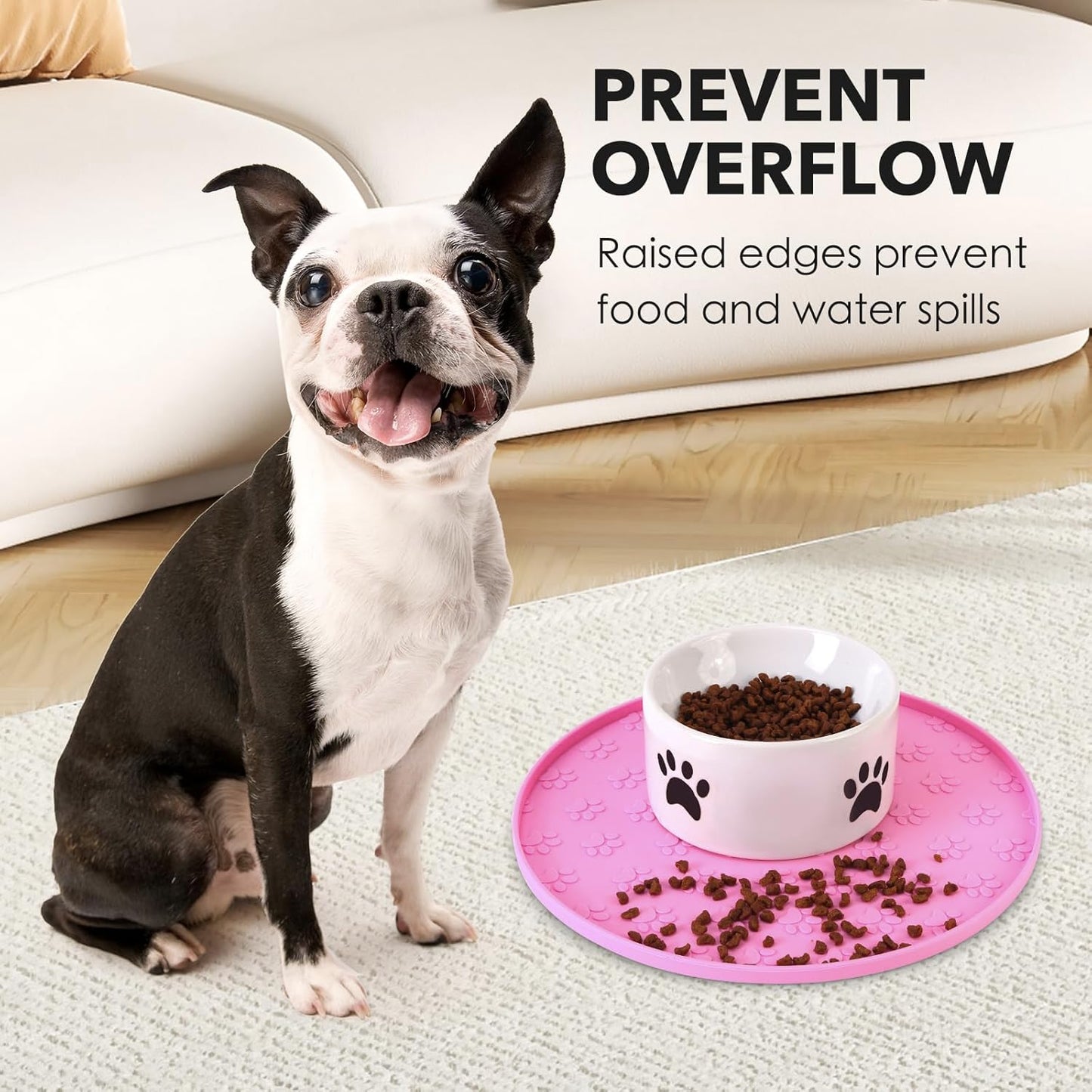 Silicone Pet Food Mat - Waterproof Dog & Cat Feeding Mat with High Lip to Prevent Spills & Protect Floors, Black