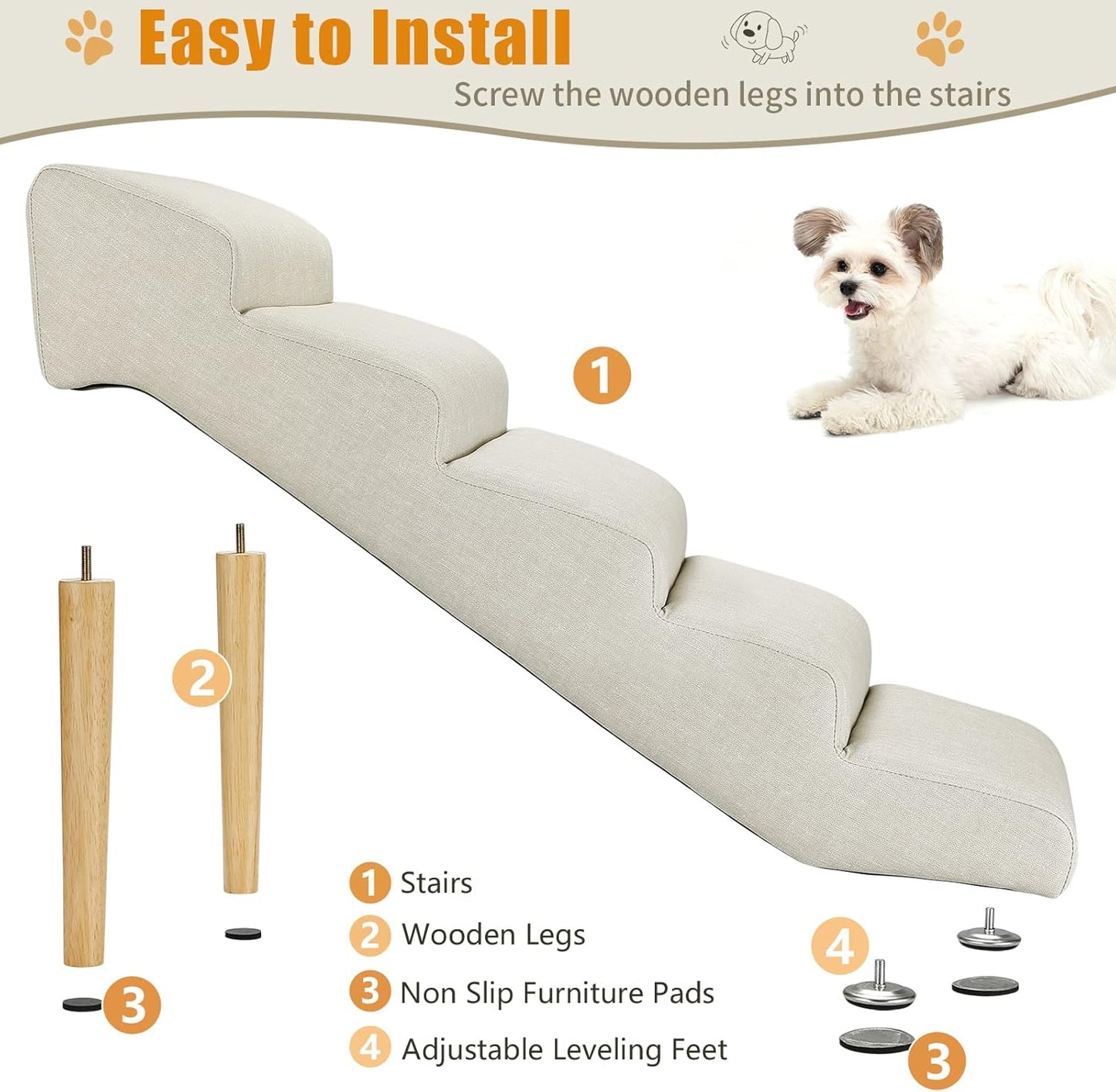 Senneny Imitation Linen Faux Leather Dog Stairs, for Pets up to 150 lbs, Waterproof, Scratch Resistant Pet Steps/Stairs with High Density Foam and Detachable Wooden Legs, Light Beige Linen, 4 Step