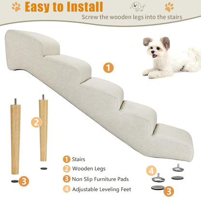 Senneny Imitation Linen Faux Leather Dog Stairs, for Pets up to 150 lbs, Waterproof, Scratch Resistant Pet Steps/Stairs with High Density Foam and Detachable Wooden Legs, Light Beige Linen, 4 Step