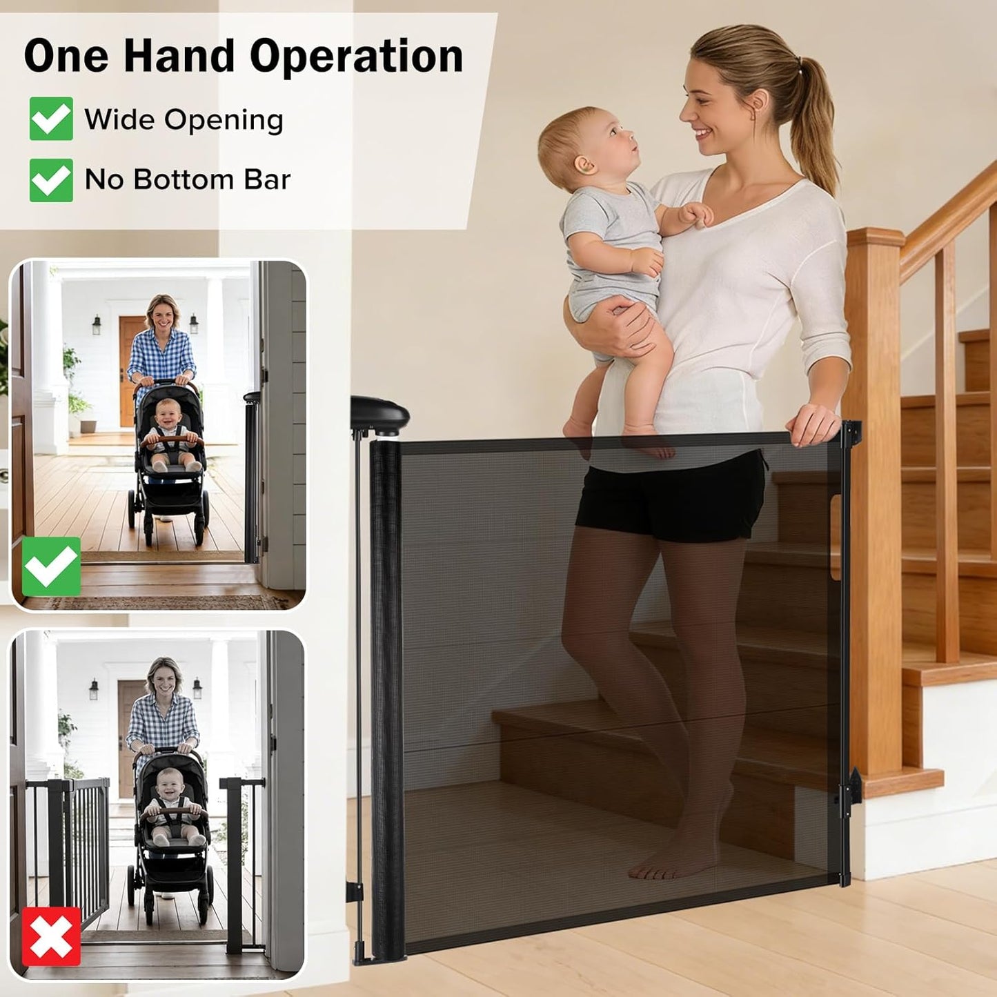 Retractable Baby Safety Gate, 33.8" Tall Extends to 55" Wide, Dual Lock, Adjustable Mounting, Extendable Pet Gate for Hallways, Stairs, Indoor & Outdoor（Black）