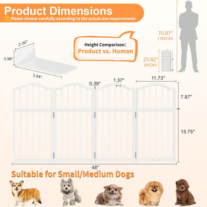 Snughome Short Dog Gate Indoor, 16" High Freestanding Small Dog Door Gates with Support Feet, Expands Up to 48’’ Wide Foldable Pet Gate for Doorway, 4 Panel Folding Pet Door Pet Fence for Puppy, White