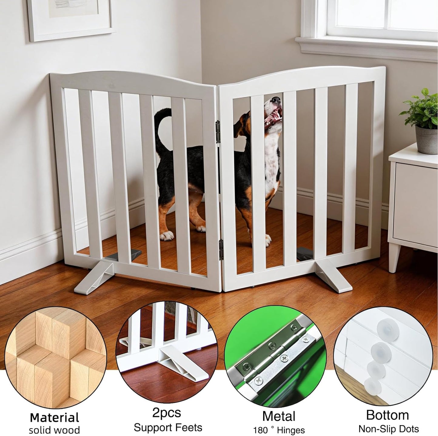 ZJSF Foldable Freestanding Indoor Dog Gate for House Wood White Long Pet Gates Dog Fence for Stairs Puppy Gates for Hallways,Pet Fence, Puppy Gate,Support Feet Included 24 "Height-3 Panels