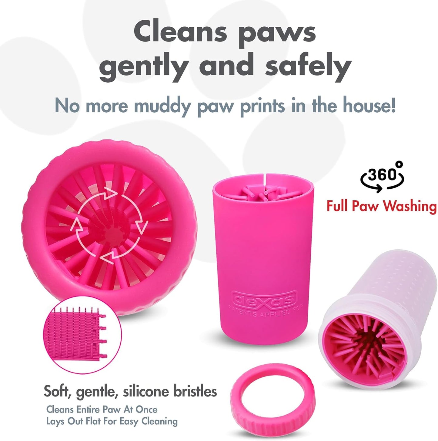 Dexas MudBuster Medium Dog Paw Cleaner in Fuchsia - Fits 1.5"-2.5" Wide Paws, Portable Paw Washer for Muddy Paws, Dog Paw Cleaning Cup with Gentle Silicone Bristles, Quick Clean Pet Paw Washer