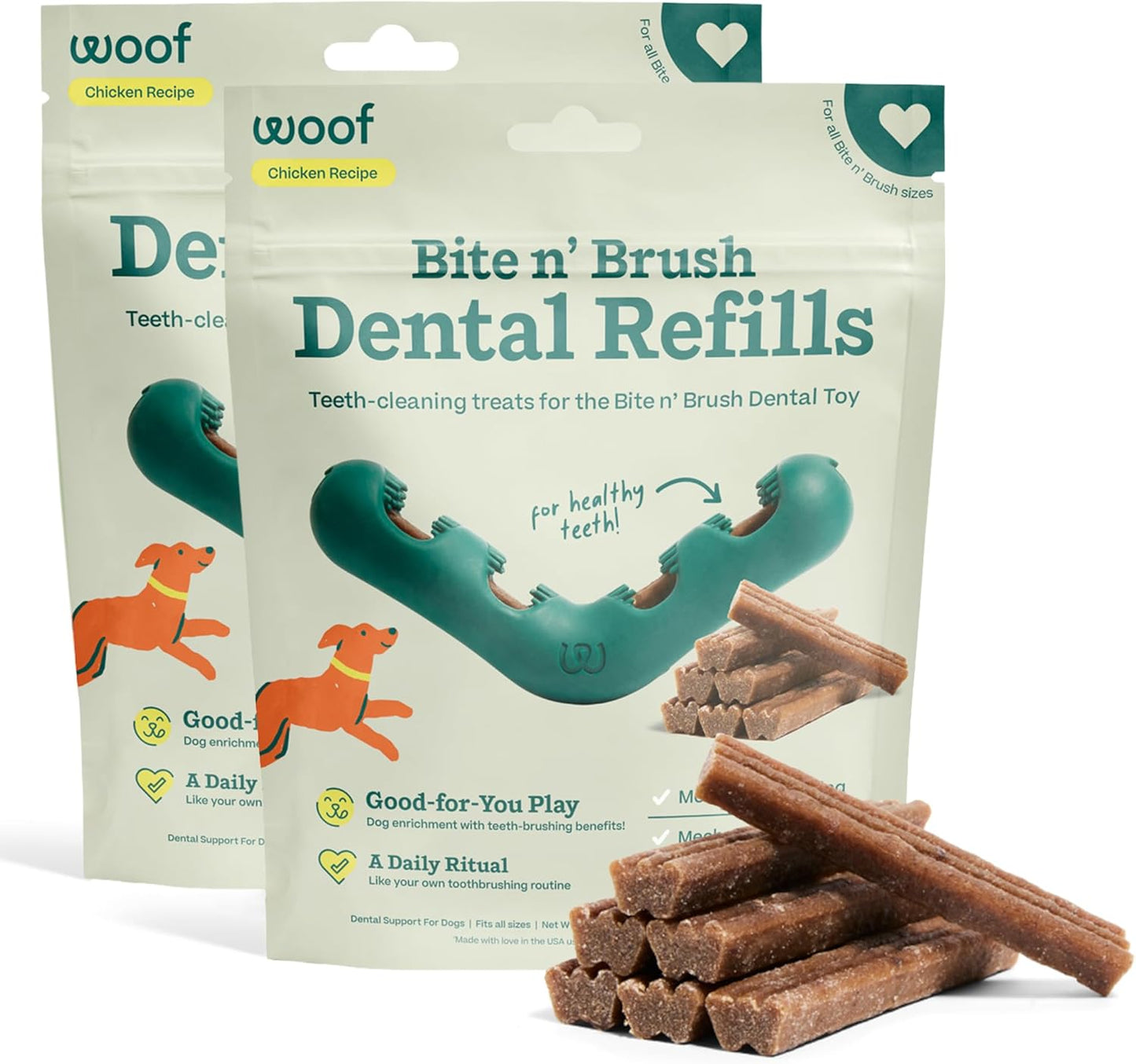 WOOF - Bite n' Brush Refills Treats for the Dog Toothbrush Toy - Scrub Plaque and Tartar from Your Dog's Teeth and Mouth - Dog Dental Sticks - 36 Refills - Beef - 2 Pack