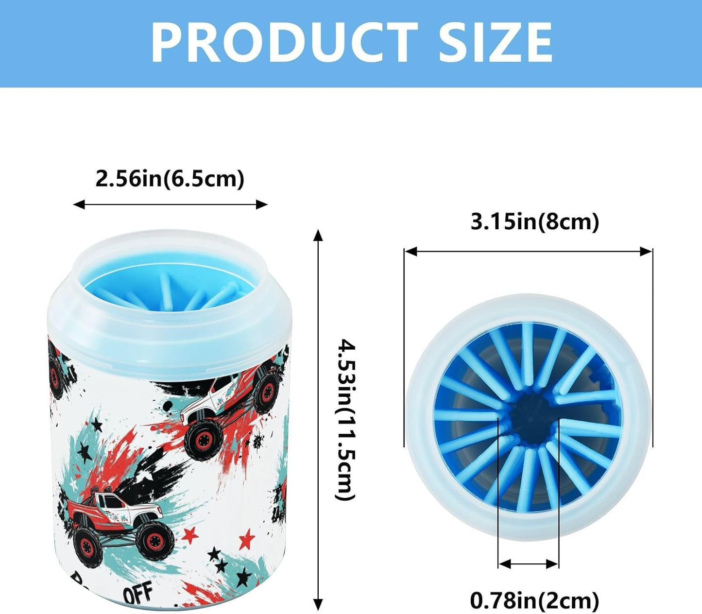 Monster Truck White Print Dog Paw Cleaner Cup with Soft Silicone Brush, Portable Lightweight Small Muddy Paw Washer for Dogs, Easy to Use Pet Foot Cleaner