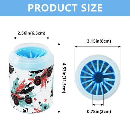 Monster Truck White Print Dog Paw Cleaner Cup with Soft Silicone Brush, Portable Lightweight Small Muddy Paw Washer for Dogs, Easy to Use Pet Foot Cleaner