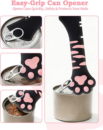6 PCS Cat Food Can Covers Set, Reusable Silicone Can Lids with Opener, Stainless Steel Wet Food Spoon & Cat Treat Squeezer for Pet Feeding and Storage, Fits Cats & Dogs