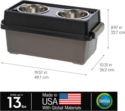 IRIS USA Dog Bowls Elevated with Storage, 15" H Raised Feeding Station, Dog Bowl Stand with Airtight Food Storage Holds 47 lbs, 2 Removable 64 oz Stainless Steel Bowls for Large Dogs, Smoke/Black