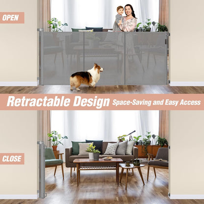 Reinforced 42" Tall Retractable Dog Gate, 155" Extra Long Retractable Baby Gate with Support Rods - Prevent Crawling Under, Indoor/Outdoor Retractable Gate Extra Tall Baby Gate Retractable Fence/Black