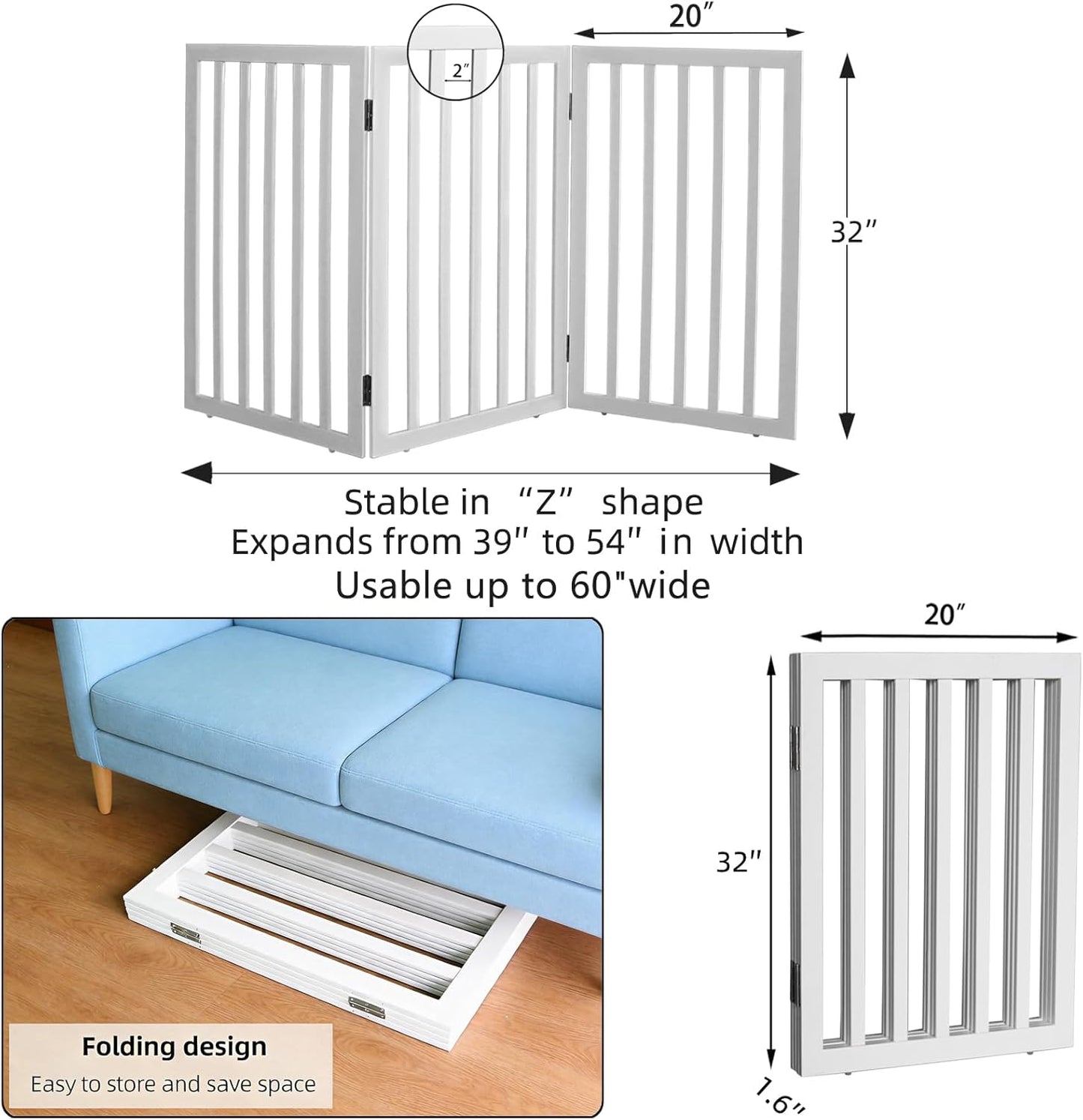 Dog Gate Indoor, Freestanding Dog Fence for The House, Doorways, Hallways,or Stairs,Pet Gate Foldable Wooden,Expandable 24" Height 3 Panels,White
