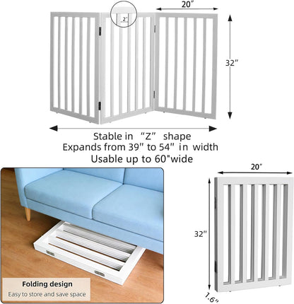 Dog Gate Indoor, Freestanding Dog Fence for The House, Doorways, Hallways,or Stairs,Pet Gate Foldable Wooden,Expandable 24" Height 3 Panels,White