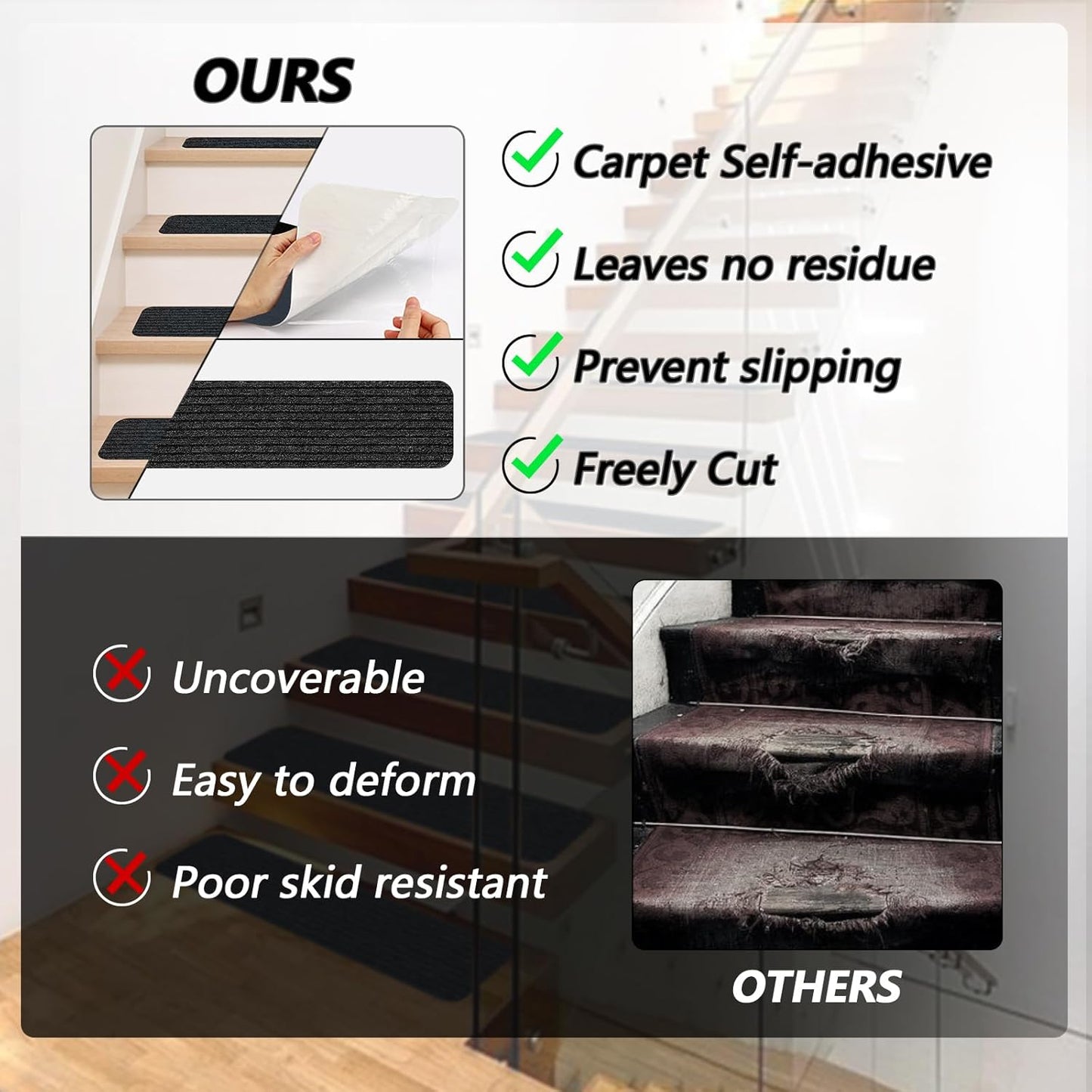 Stair Treads for Wooden Steps Carpet, Non-Slip Stair Runner Indoor Outdoor Stair Tread Mats Covers Pads, 19" x 31"Matching Landing Step Runner for Elders, Kids and Dogs (19" x 31", Black)