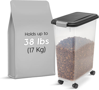 IRIS USA Airtight Dog Food Storage Container, Up to 30 lbs, Attachable Wheels, for Dog Cat Bird and other Pet Food Storage Bin, Keep Fresh, Easy Mobility, BPA Free, Black