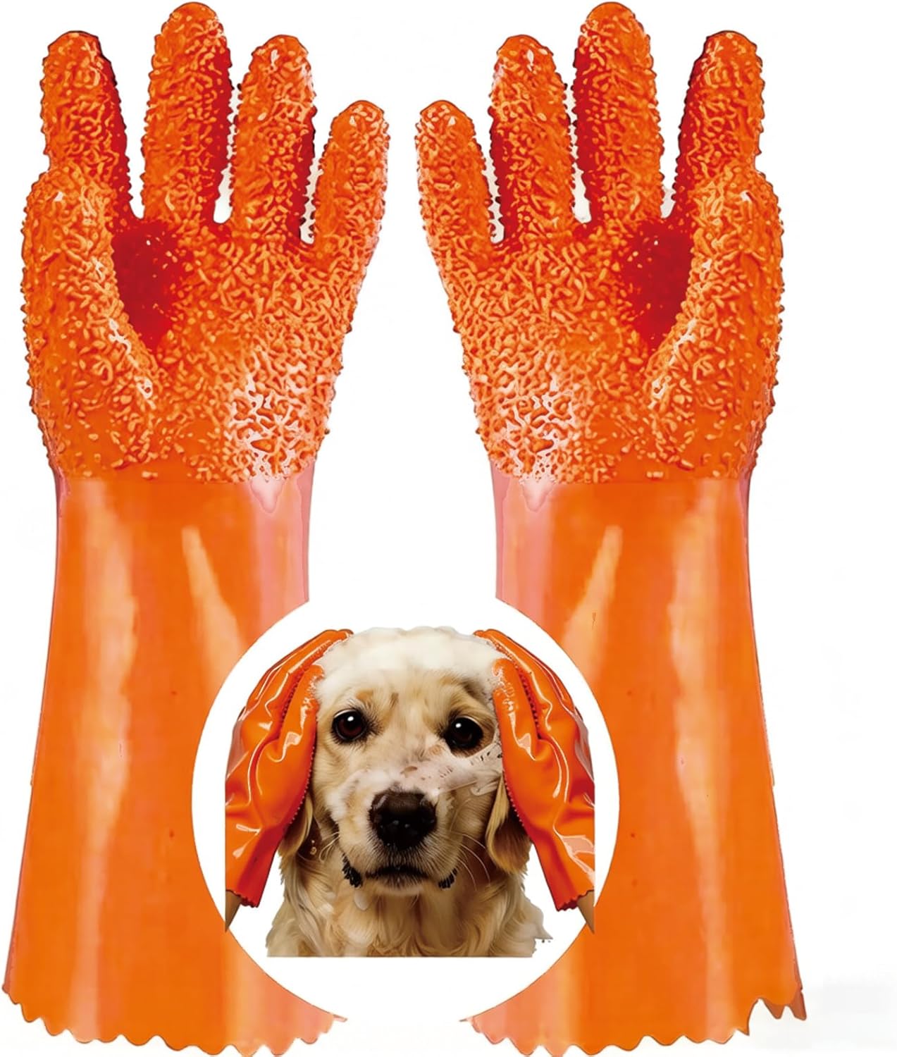 YOFANG 14" Long Pet Grooming Gloves for Washing & Hair Removal,Waterproof Rubber Cat Bite-Proof Brush Gloves,Dog Bath Glove with Soft 3500+ Particles Massage,Orange