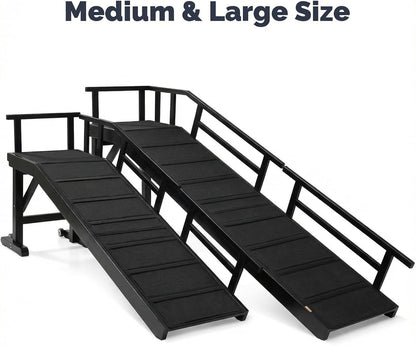 Dog Ramp for Bed or Couch, Wooden Pet Ramp with 20° Gentle Slope, Removable Side Rails, Non-Slip Surface, Top Platform & Wheels, Safe Bed Ramp for Small, Large & Senior Dogs, 60" Long, Mahogany