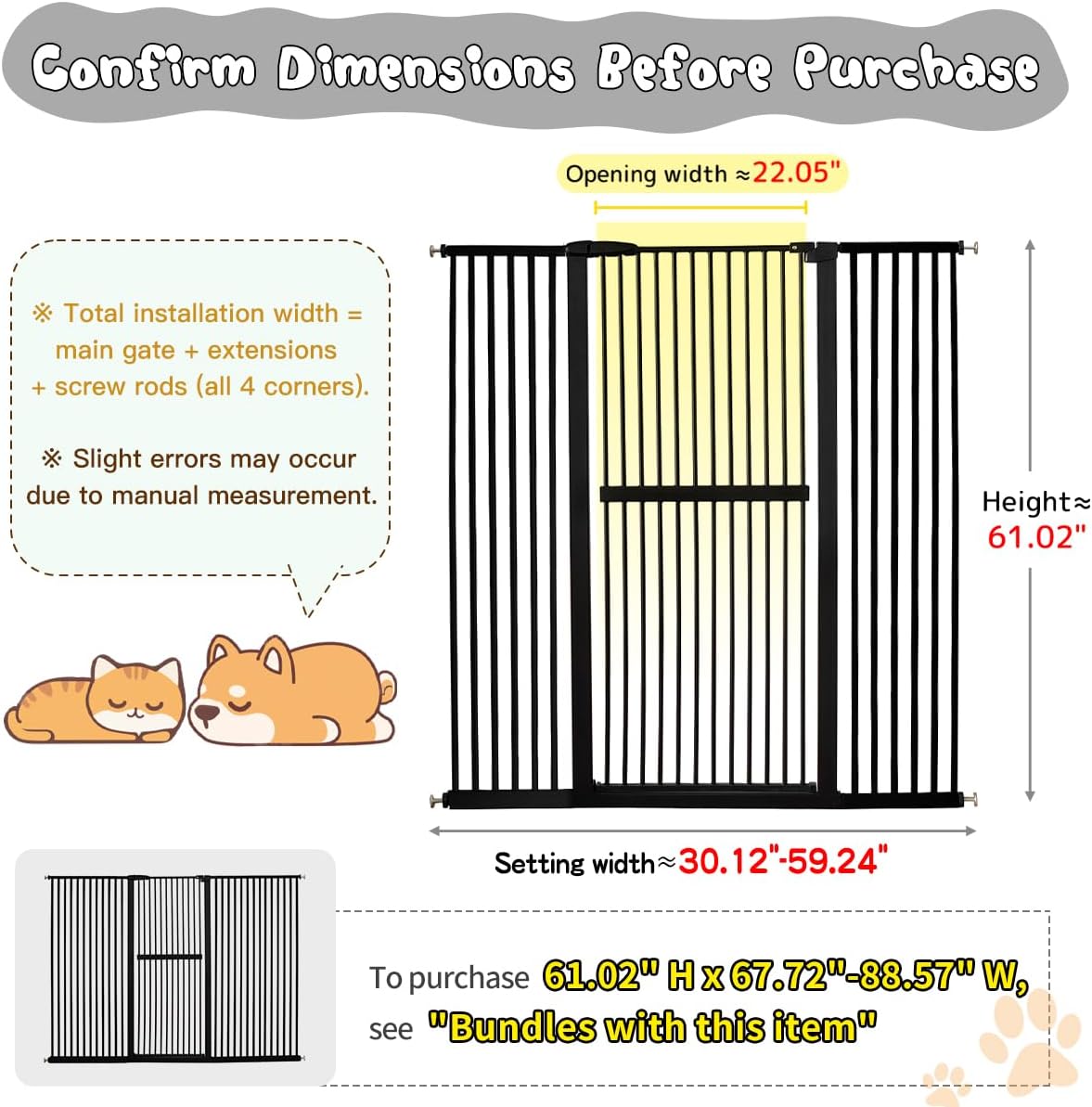 Lumizone Extra Tall Cat Gate 61.02" High Pressure Mounted Extra Wide 30.12"-34.05" (17Sizes) 1.37" Gap No Drilling Auto-Close Tall Pet Gate for Dogs (Black, 30.12"-34.05" W)
