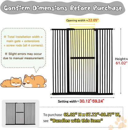 Lumizone Extra Tall Cat Gate 61.02" High Pressure Mounted Extra Wide 30.12"-34.05" (17Sizes) 1.37" Gap No Drilling Auto-Close Tall Pet Gate for Dogs (Black, 30.12"-34.05" W)