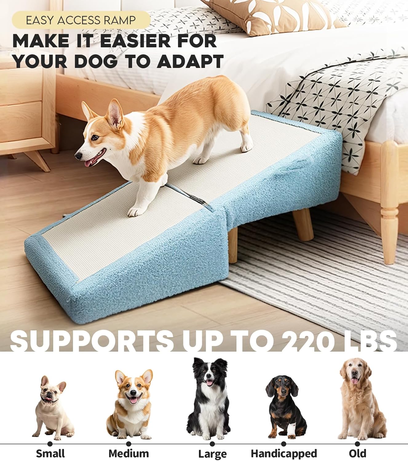 Dog Stairs for Small Dogs and Cats – 2-in-1 Dog Ramp for Couch and Low Bed, 16.5'' Foldable Wooden Pet Ramp, Sturdy Multi-Use Split Ottoman Design, Beige