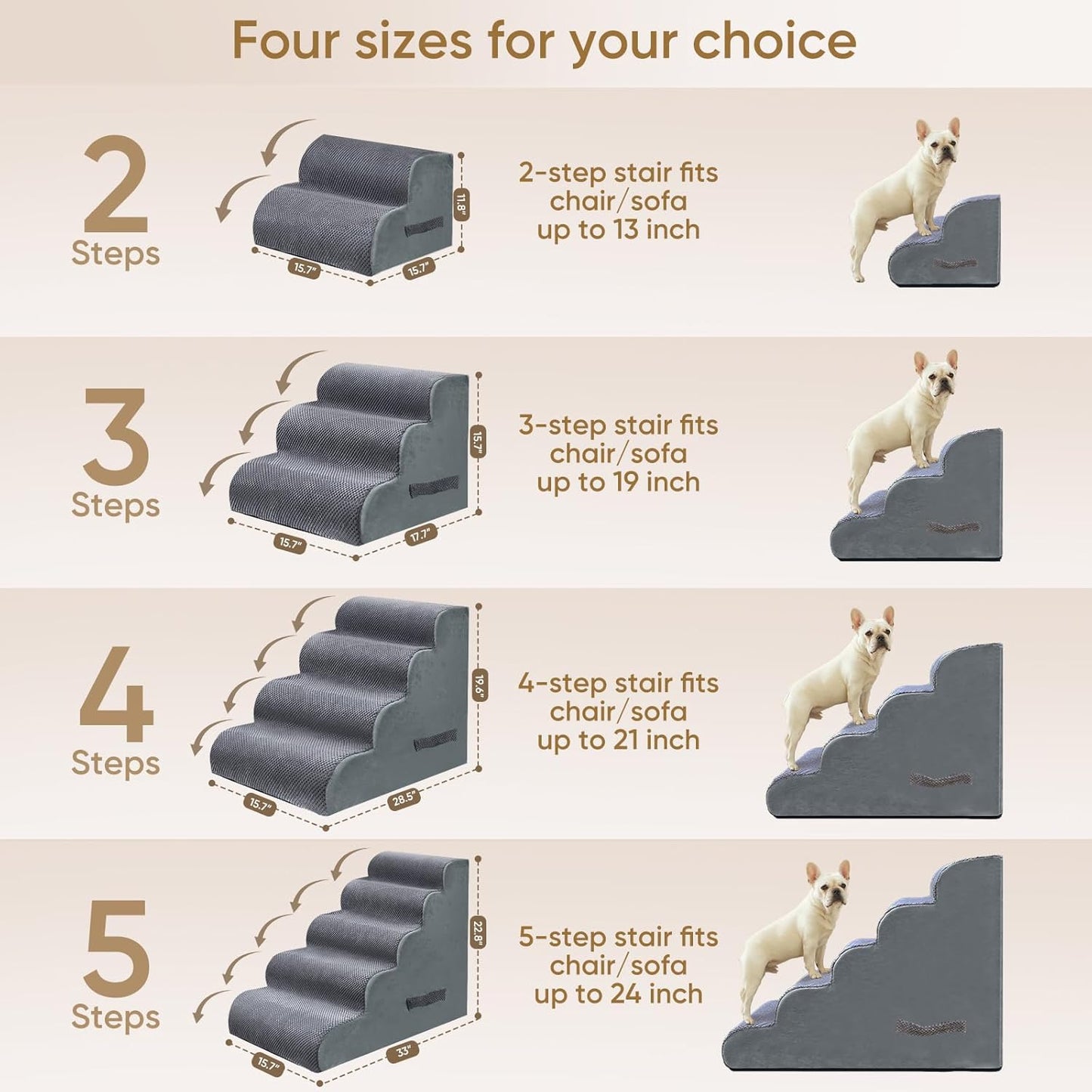 PAWSCRAT Pet Stairs for Dogs 4-Step, 19.6" H Pet Stairs for High Bed, Couch Sofa & Chair, 30D Material Soft Foam Dog Steps with Non-Slip Bottom Surface Removable Washable Cover, Grey
