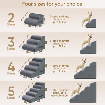 PAWSCRAT Pet Stairs for Dogs 4-Step, 19.6" H Pet Stairs for High Bed, Couch Sofa & Chair, 30D Material Soft Foam Dog Steps with Non-Slip Bottom Surface Removable Washable Cover, Grey
