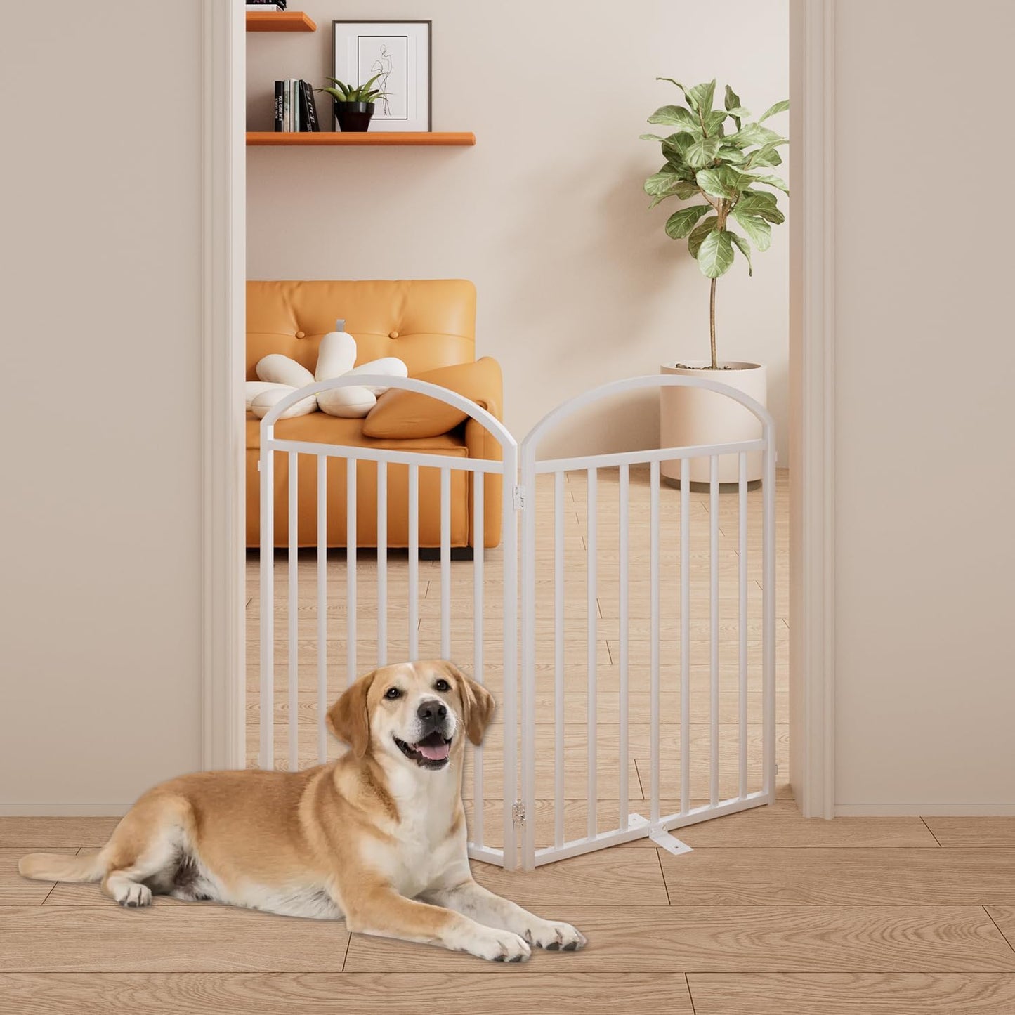 SNUOWU 4 Panels Full Matel Freestanding Dog Gates with Door, 96"Extra Wide 32"Tall Free Standing Dog Pet Gate for Indoor & Outdoor. Foldable Pet Fences for Doorways, House, Stairs, Porch, Deck, Yard