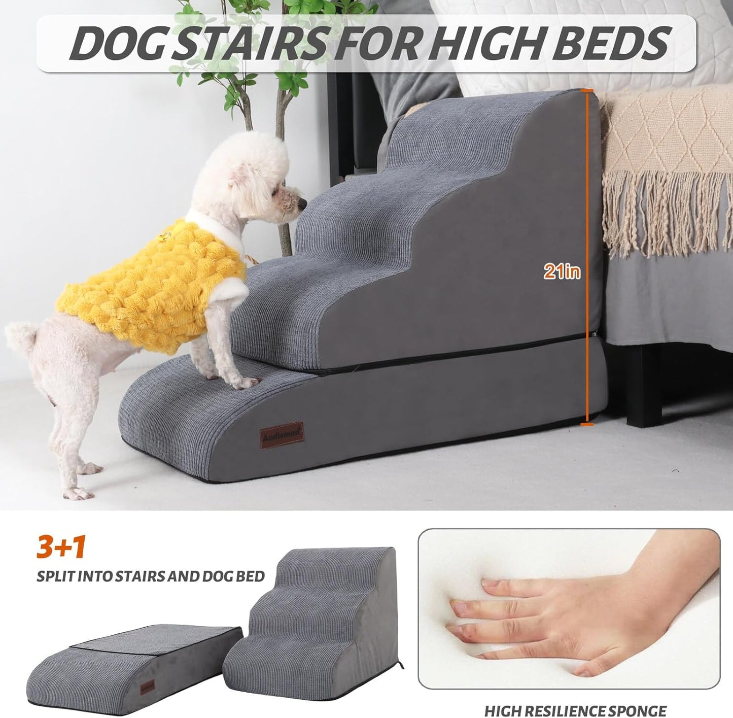 Aodisman 3-Step Dog Ramp and Stairs for Sofa and Chair - Non-Slip Sturdy Pet Steps for Small Dogs and Cats,15.7" H,Grey