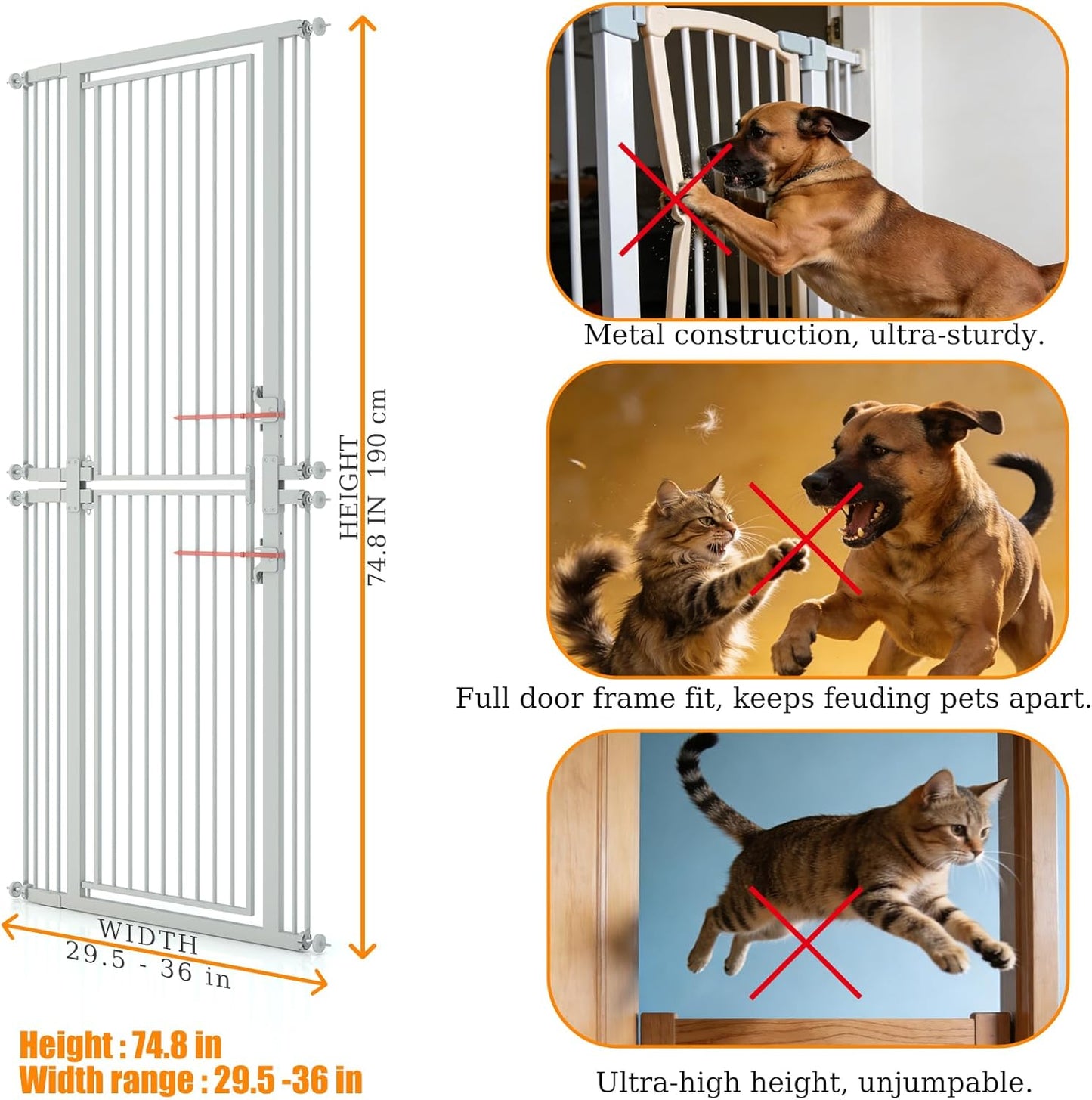 74.8" Extra Tall Pet Gate for Cat, 29.5"-36" Extra Wide Cat Gate with 8 Pressure Bolts, NO Drilling Pressure Mounted Tall Dog Gate Indoor, (White)
